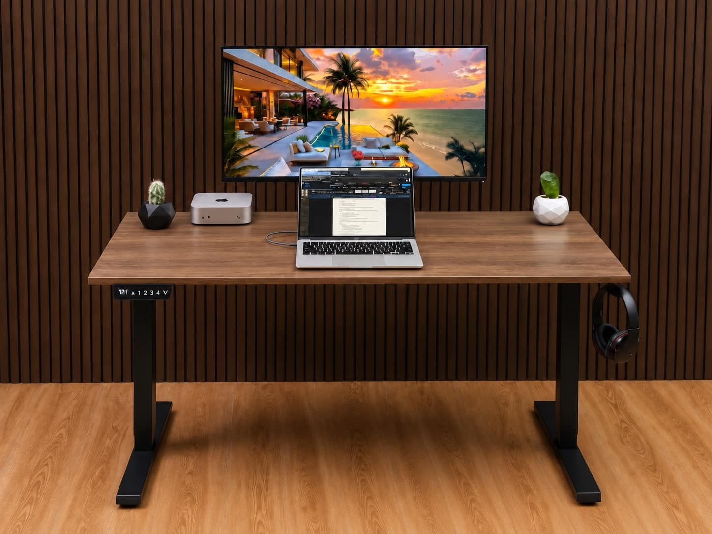 Ergolevel Basic in Walnut with black legs, angled view