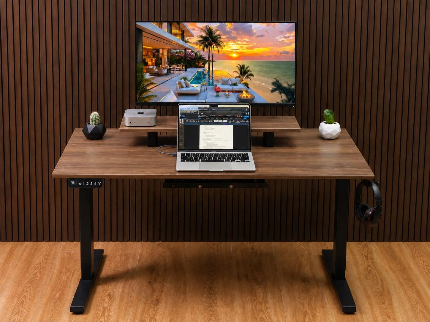 Ergolevel Core in Walnut with black legs, angled view