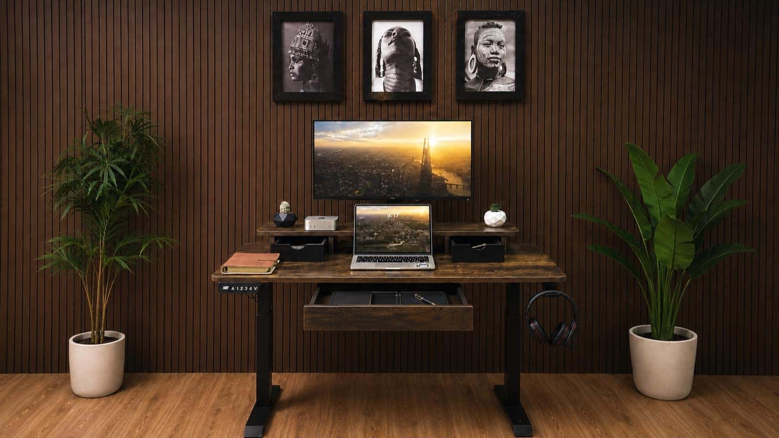 An Ergolevel Pro standing desk in Rustic Dark Walnut, raised to standing height